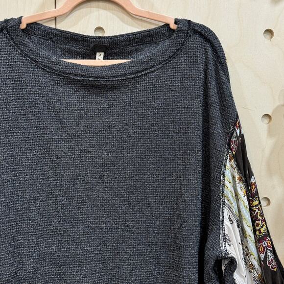 FREE PEOPLE Blossom Thermal Top Small Charcoal Waffle Knit Pieced Full Sleeves - Picture 3 of 11